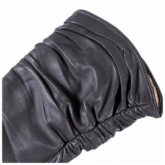 Gray Leather Ruched Cashmere Lined Gloves - Picture 6 of 7
